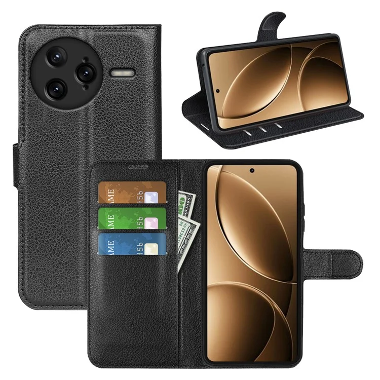 Für Xiaomi Redmi K80 Pro 5G Hülle Litchi Textur stoßfeste Leder Brieftasche Handyhülle - Schwarz