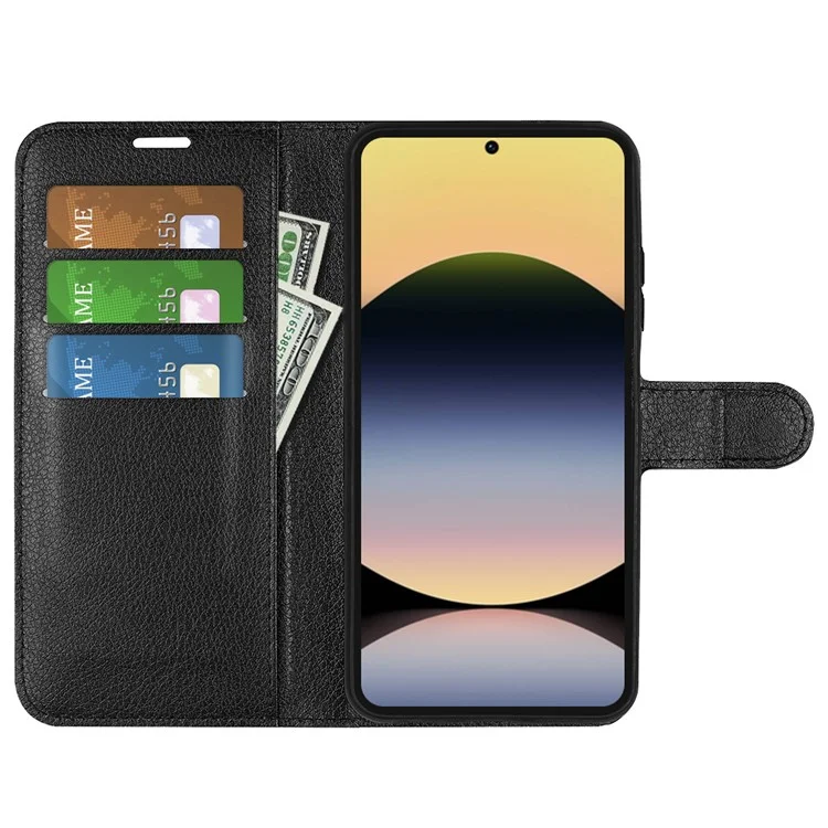 Funda de cuero tipo textura de lichi para Xiaomi Redmi Note 14S 4G, resistente a golpes, con cartera para teléfono - Negro