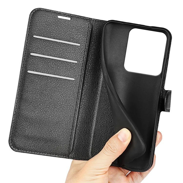Funda de cuero tipo textura de lichi para Xiaomi Redmi Note 14S 4G, resistente a golpes, con cartera para teléfono - Negro