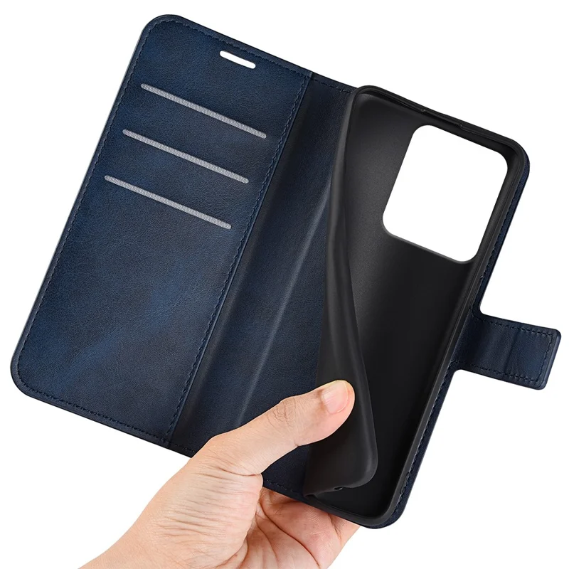 For Xiaomi Redmi Note 14S 4G Stand Case Anti-Scratch Calf Texture Leather Phone Cover - Blue