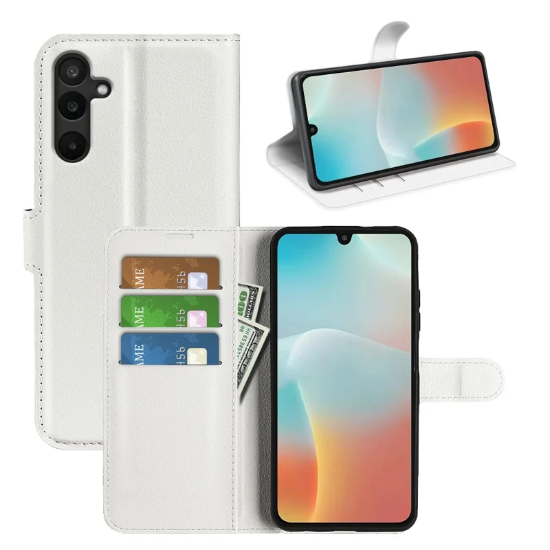 For Samsung Galaxy M16 5G Case Litchi Texture Shockproof Leather Wallet Phone Cover - White