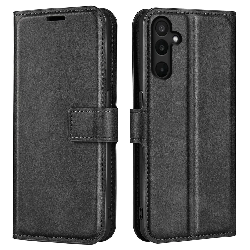 For Samsung Galaxy M16 5G Stand Case Anti-Scratch Calf Texture Leather Phone Cover - Black