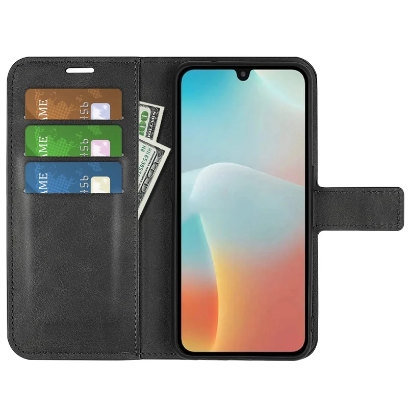 For Samsung Galaxy M16 5G Stand Case Anti-Scratch Calf Texture Leather Phone Cover - Black