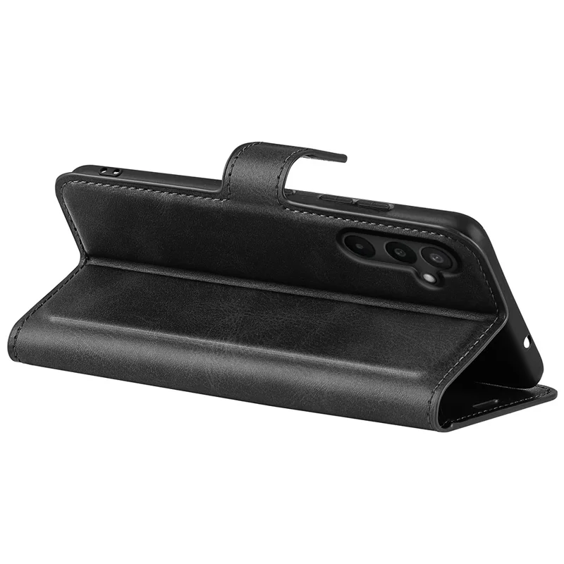 For Samsung Galaxy M16 5G Stand Case Anti-Scratch Calf Texture Leather Phone Cover - Black