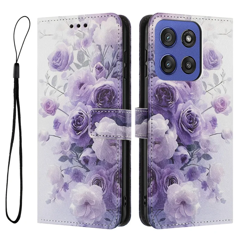 YX-2501 Чехол-кошелек для Motorola Edge 60 Fusion 5G / Edge (2025) 5G с рисунком из искусственной кожи с ремешком - Пурпурная роза