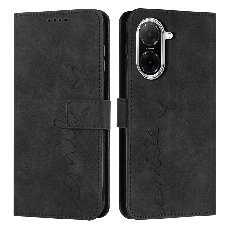Capa de Suporte para Xiaomi Redmi A5 4G (171,7mm) / Poco C71 4G em Couro PU com Estampa de Coração - Preto