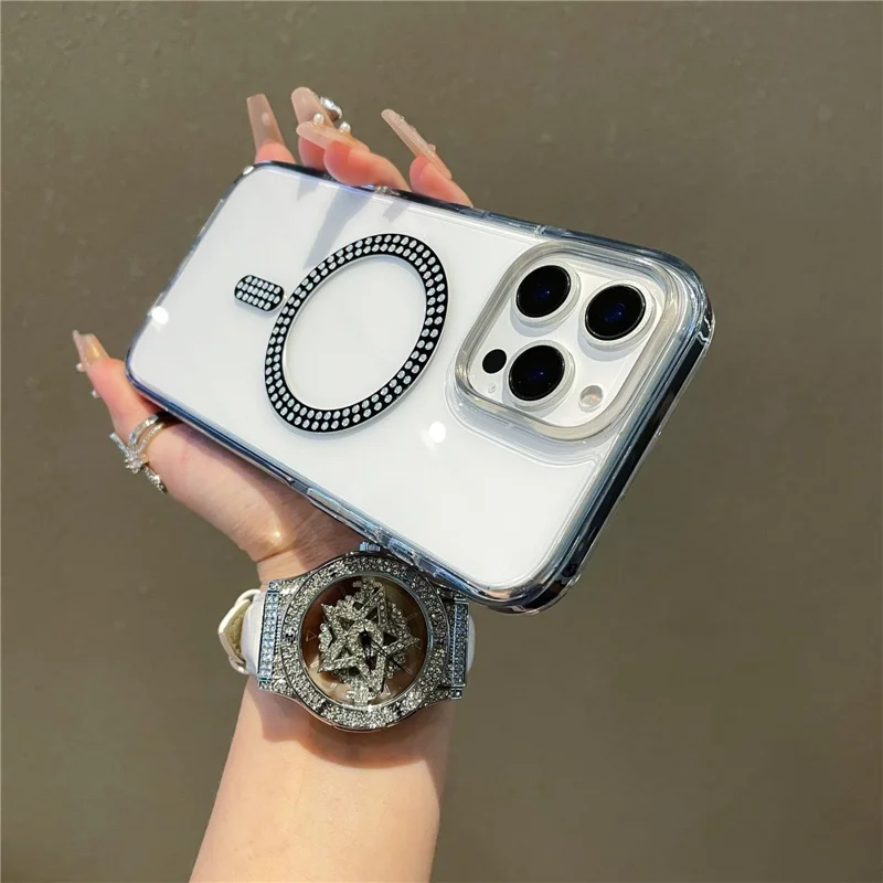 For iPhone 15 Pro Max Case Compatible with MagSafe Rhinestone Decor TPU + PC Phone Cover - Black