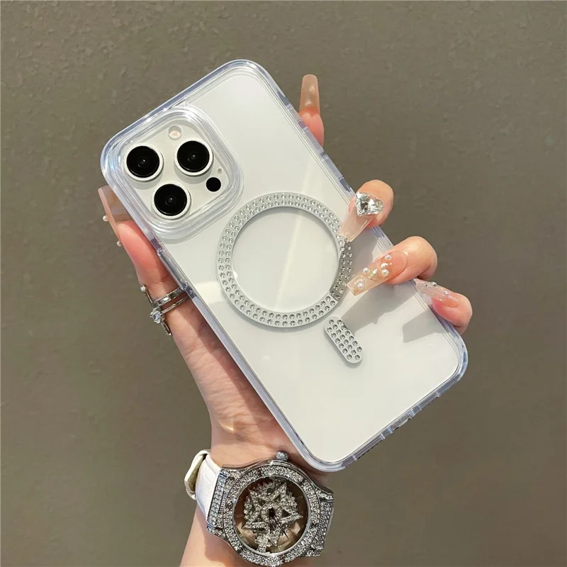 For iPhone 15 Pro Max Case Compatible with MagSafe Rhinestone Decor TPU + PC Phone Cover - Pink