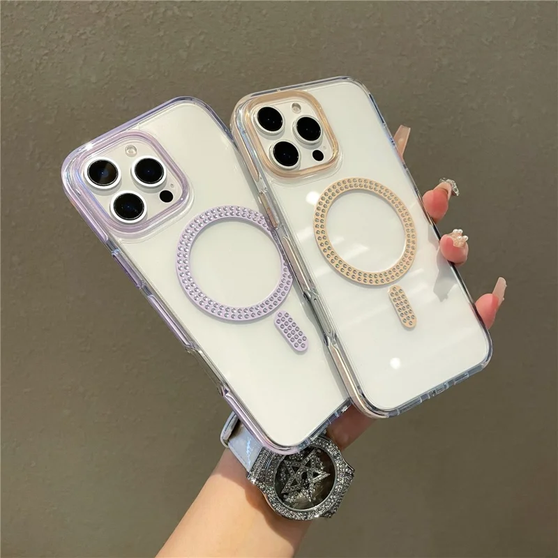 For iPhone 15 Pro Max Case Compatible with MagSafe Rhinestone Decor TPU + PC Phone Cover - Pink