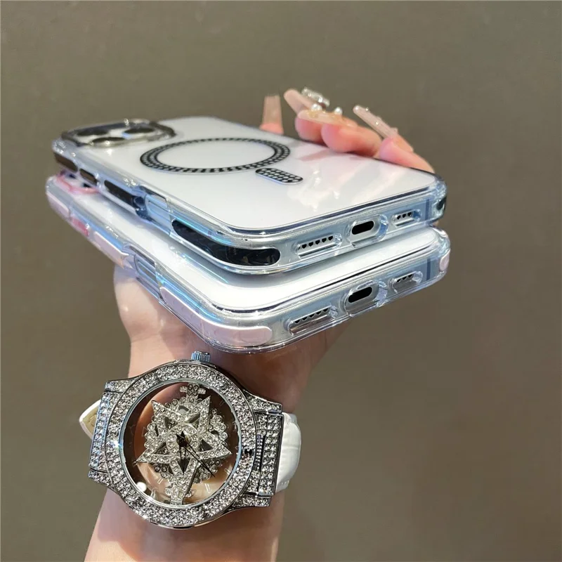 For iPhone 15 Pro Max Case Compatible with MagSafe Rhinestone Decor TPU + PC Phone Cover - Pink