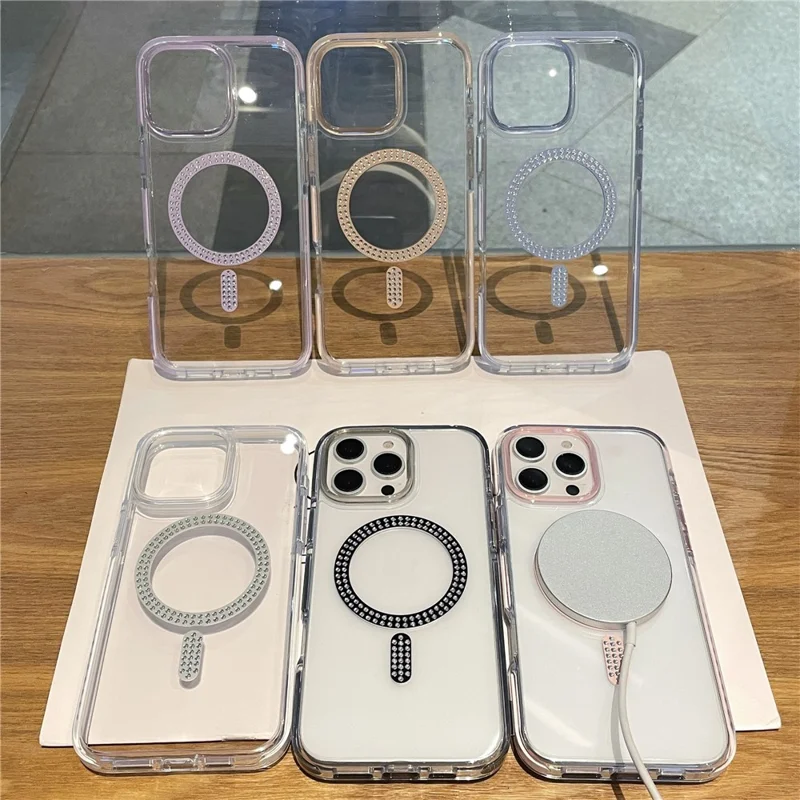 For iPhone 15 Pro Max Case Compatible with MagSafe Rhinestone Decor TPU + PC Phone Cover - Pink