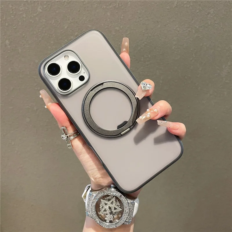 For iPhone 15 Pro Max Magnetic Case PC + TPU Kickstand Phone Back Cover - Black