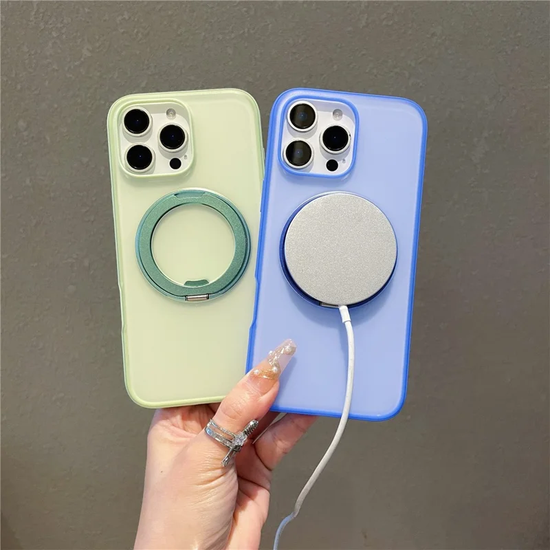 For iPhone 15 Pro Max Magnetic Case PC + TPU Kickstand Phone Back Cover - Light Green
