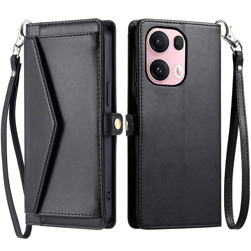 For Oppo Reno13 Pro 5G Leather Case with Wrist Strap Wallet Stand Phone Cover - Black
