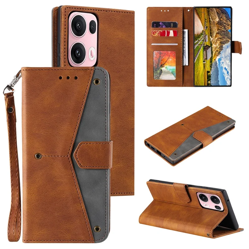 For Oppo Reno13 Pro 5G Leather Case Splicing Stitching Wallet Phone Cover with Wrist Strap - Brown