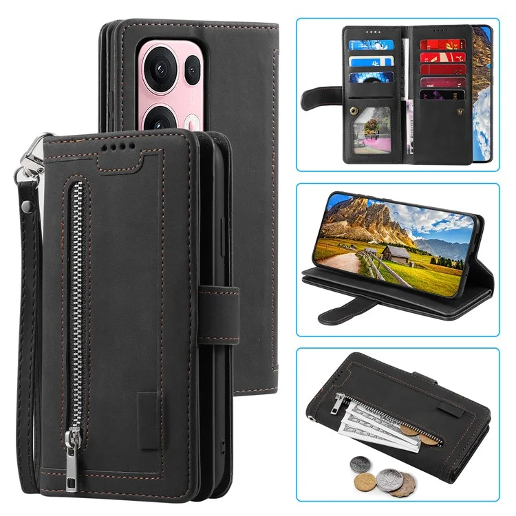 Cover per Oppo Reno13 Pro 5G in Pelle PU con Portafoglio Cerniera 9 Slot per Carte - Nero