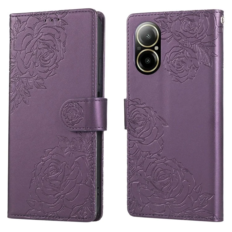 For Realme C67 4G  /  12 Lite 4G Case Rose Flower PU Leather Wallet Phone Cover with 3 Card Slot - Dark Purple