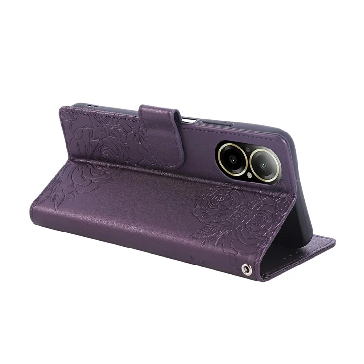 For Realme C67 4G  /  12 Lite 4G Case Rose Flower PU Leather Wallet Phone Cover with 3 Card Slot - Dark Purple