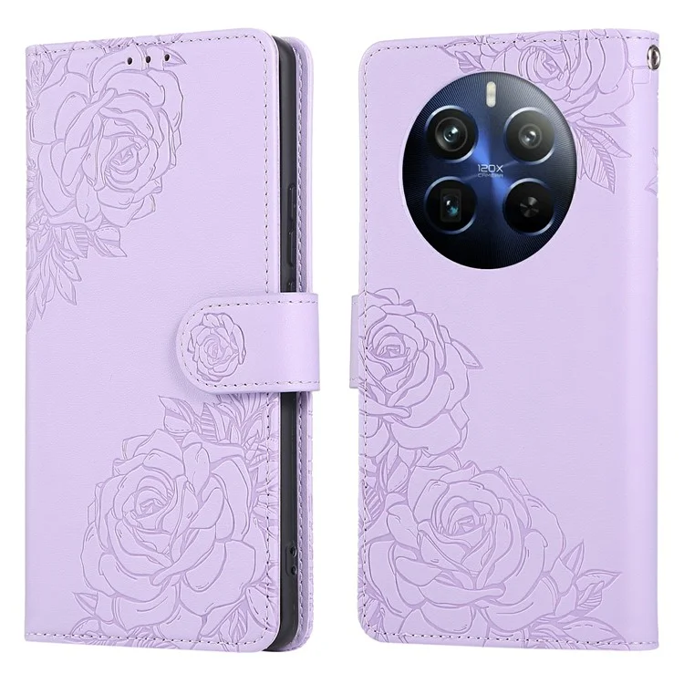 PU Leather Case For Realme 12+ 5G  /  12 4G  /  13 4G Rose Flower Wallet Phone Cover with 3 Card Slot - Light Purple