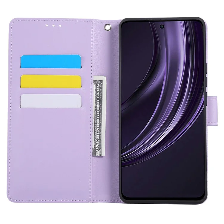 PU Leather Case For Realme 12+ 5G  /  12 4G  /  13 4G Rose Flower Wallet Phone Cover with 3 Card Slot - Light Purple