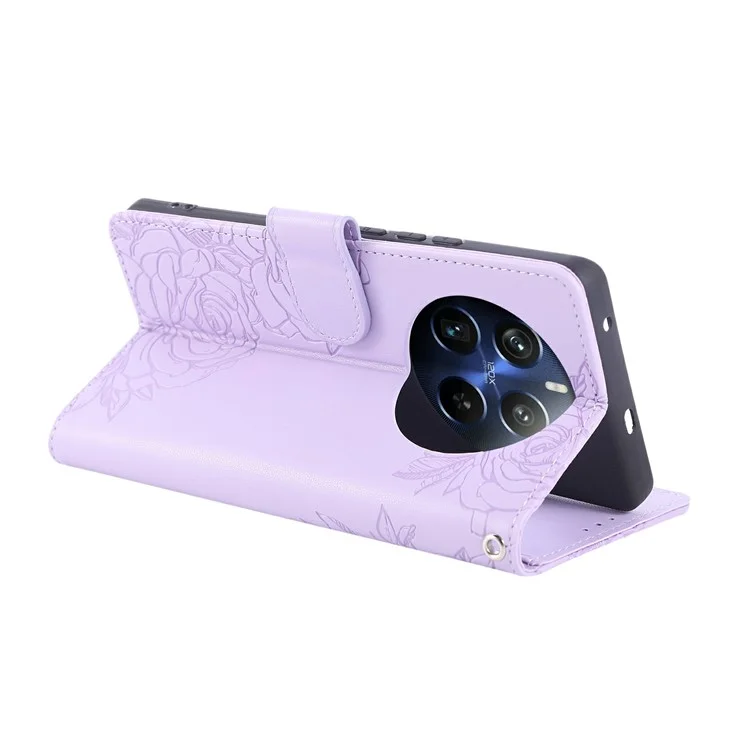 PU Leather Case For Realme 12+ 5G  /  12 4G  /  13 4G Rose Flower Wallet Phone Cover with 3 Card Slot - Light Purple