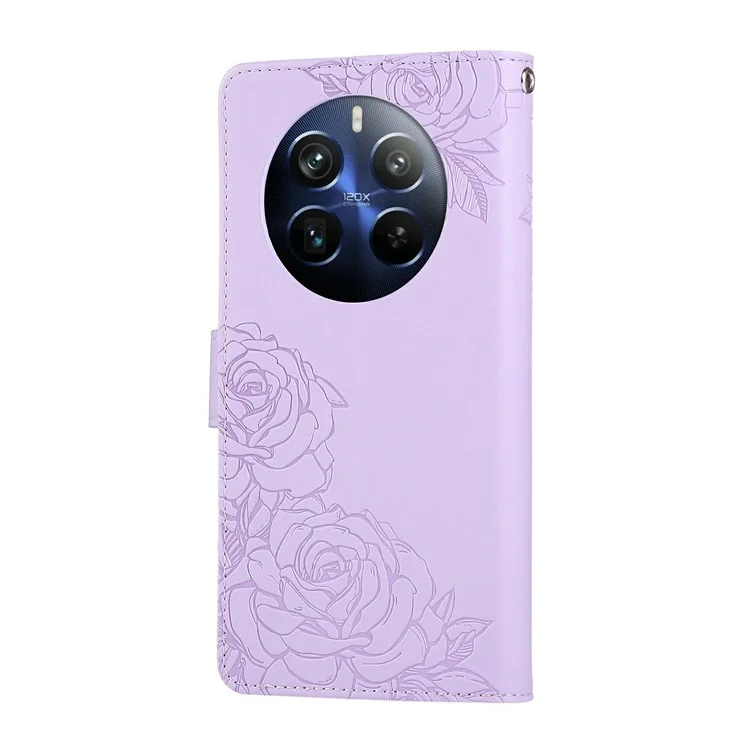 PU Leather Case For Realme 12+ 5G  /  12 4G  /  13 4G Rose Flower Wallet Phone Cover with 3 Card Slot - Light Purple