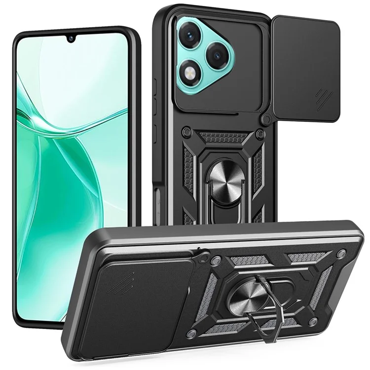 For Honor 400 Lite 5G Case with Slide Camera Lid PC + TPU Kickstand Phone Cover - Black