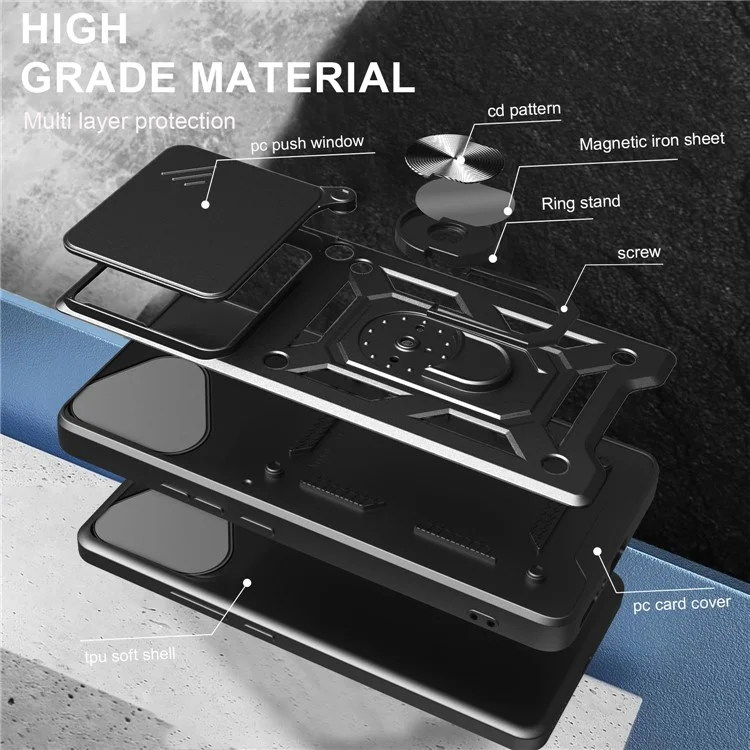 For Honor 400 Lite 5G Case with Slide Camera Lid PC + TPU Kickstand Phone Cover - Black