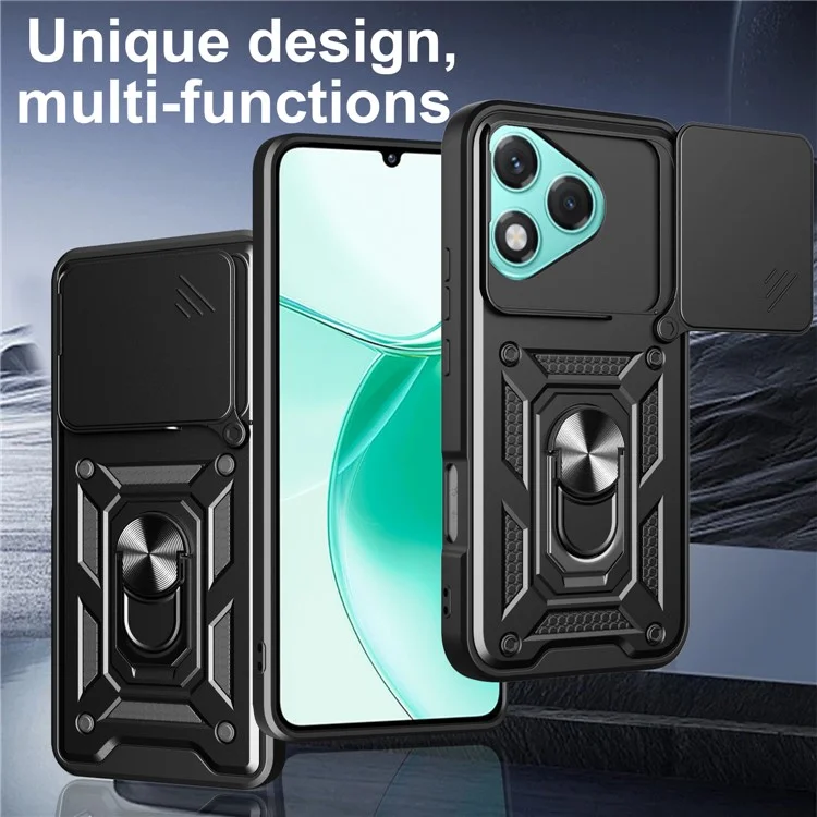 For Honor 400 Lite 5G Case with Slide Camera Lid PC + TPU Kickstand Phone Cover - Black