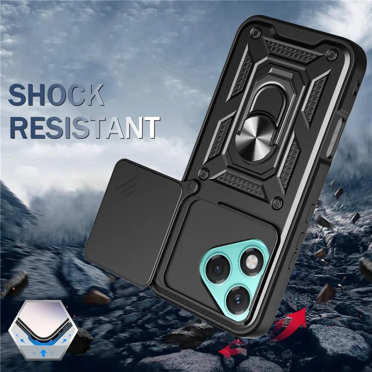 For Honor 400 Lite 5G Case with Slide Camera Lid PC + TPU Kickstand Phone Cover - Black