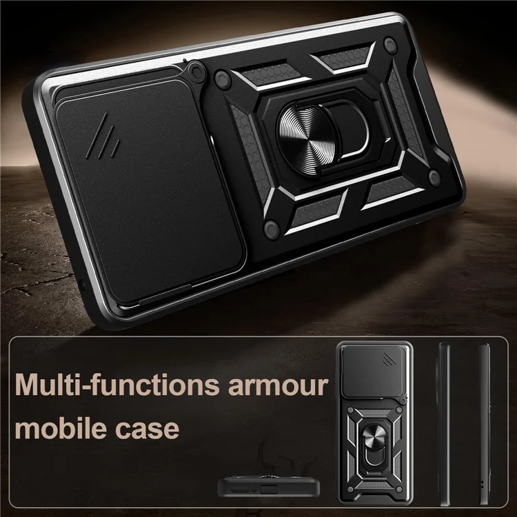 For Honor 400 Lite 5G Case with Slide Camera Lid PC + TPU Kickstand Phone Cover - Black