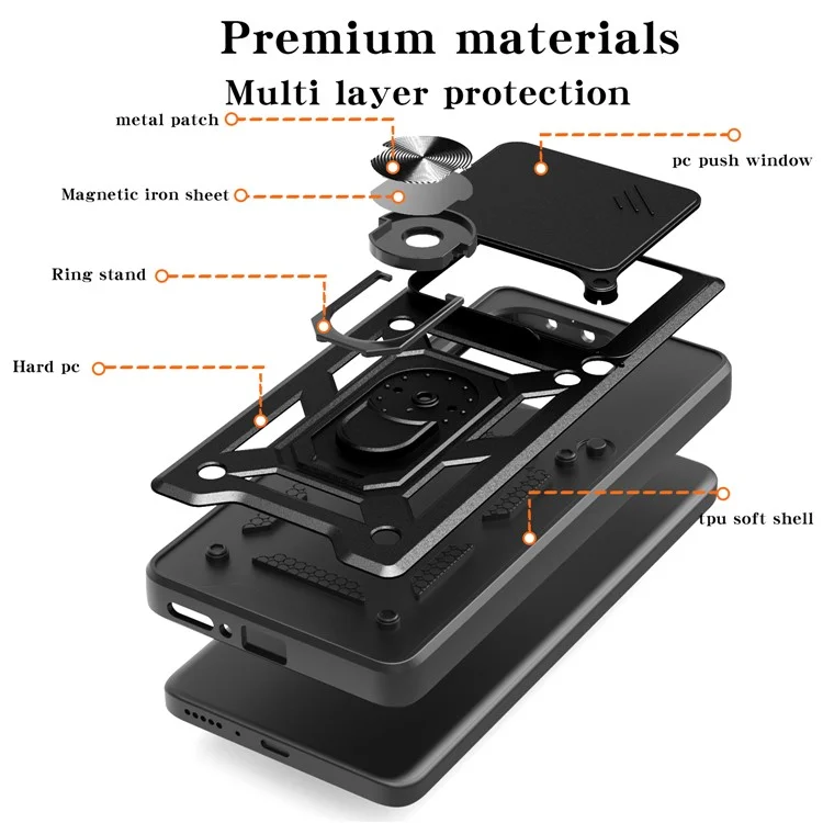 Cover per Motorola Edge 60 Fusion 5G con Coperchio Scorrevole per Fotocamera PC + TPU con Supporto - Nero