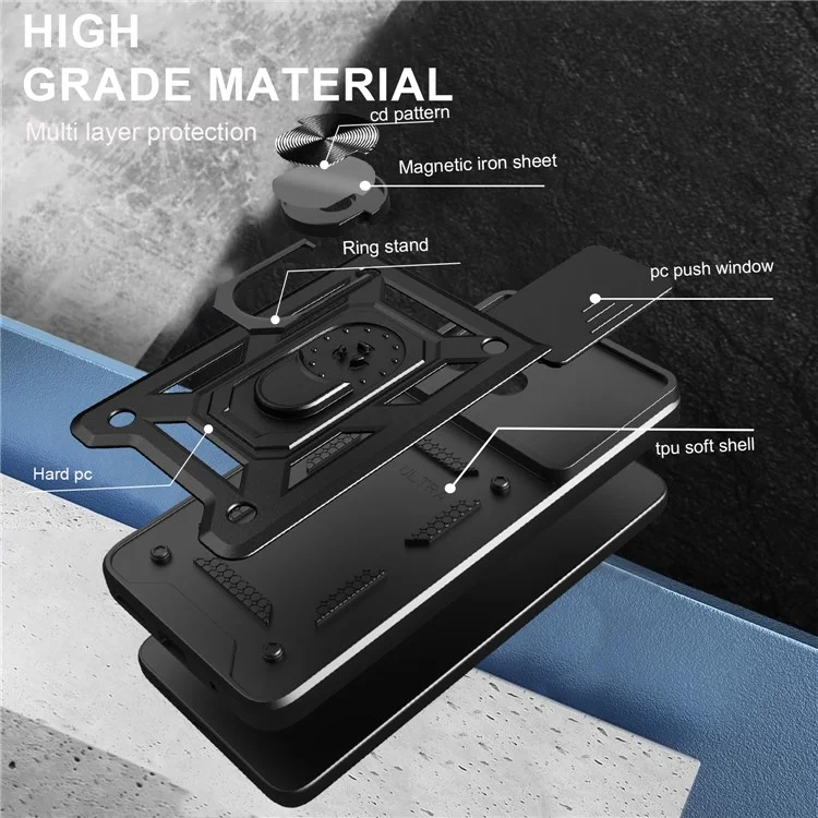 Pour Xiaomi Redmi A5 4G (171,7 mm) / Poco C71 4G Étui avec Couvercle de Caméra Coulissant PC + TPU Support Housse de Téléphone - Noir