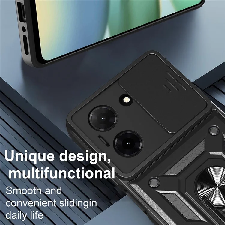 Pour Xiaomi Redmi A5 4G (171,7 mm) / Poco C71 4G Étui avec Couvercle de Caméra Coulissant PC + TPU Support Housse de Téléphone - Noir