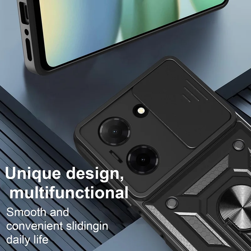 Cover per Xiaomi Redmi A5 NFC (173,45 mm) con Coperchio Scorrevole per Fotocamera, in PC + TPU con Supporto - Nero