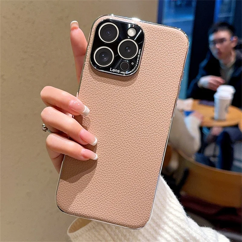 For iPhone 15 Pro Case Electroplating Edge Litchi Texture Leather + PC Phone Cover - Pink Coffee