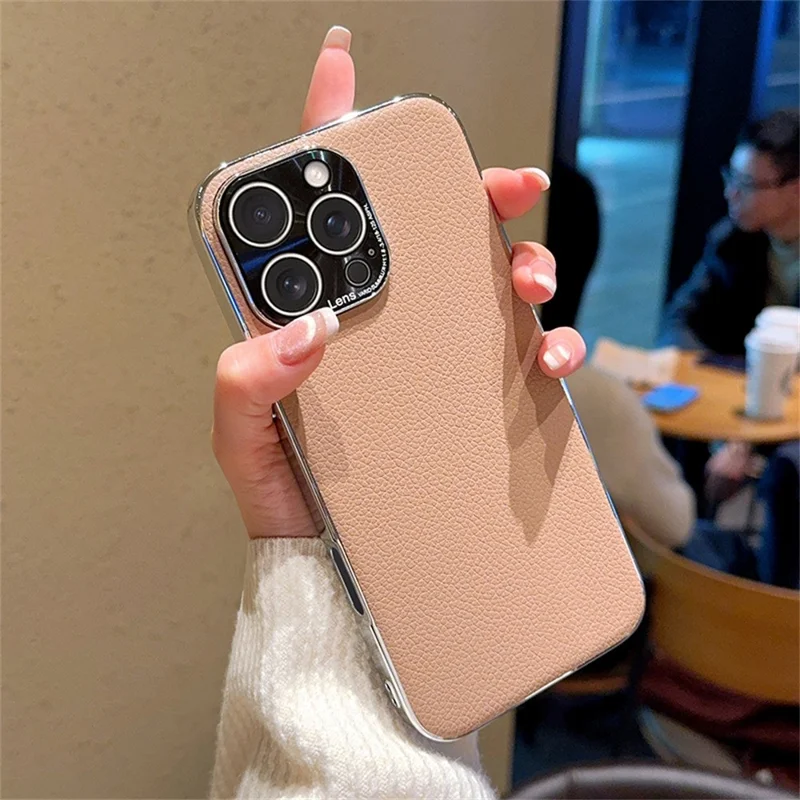 For iPhone 15 Pro Case Electroplating Edge Litchi Texture Leather + PC Phone Cover - Pink Coffee