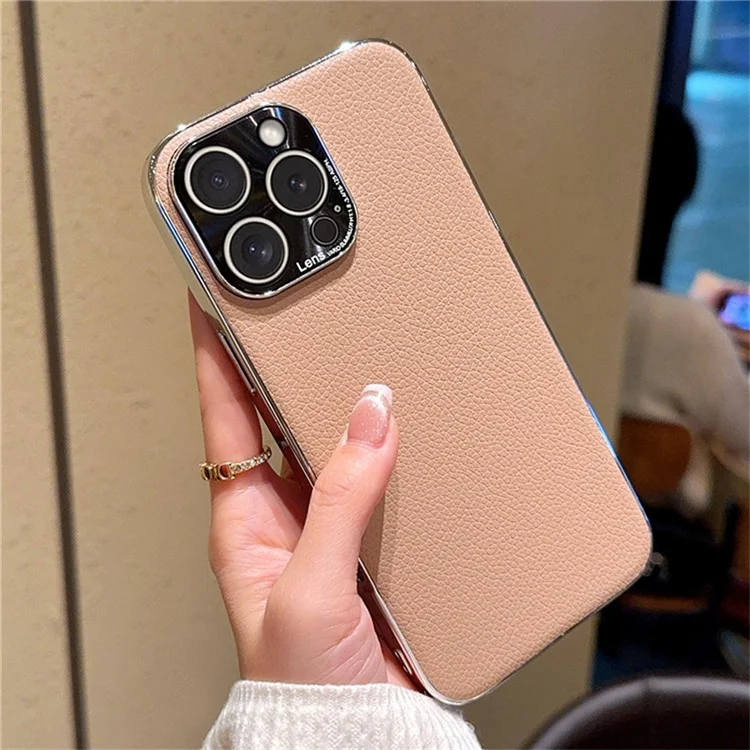 For iPhone 15 Pro Max Case Electroplating Edge Litchi Texture Leather + PC Phone Cover - Pink Coffee