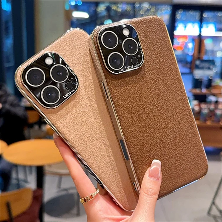 For iPhone 15 Pro Max Case Electroplating Edge Litchi Texture Leather + PC Phone Cover - Pink Coffee
