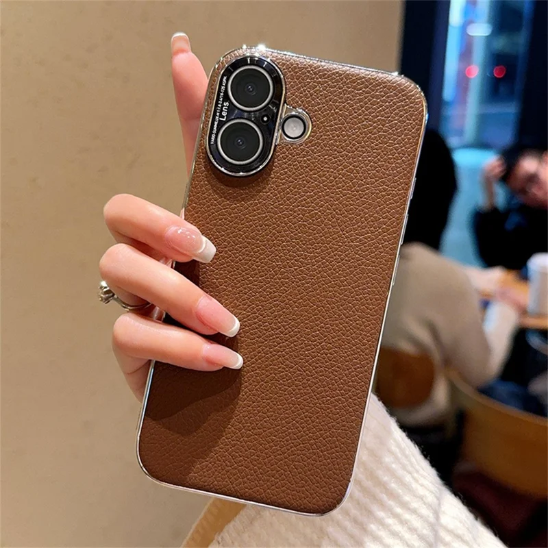 For iPhone 16 Case Electroplating Edge Litchi Texture Leather + PC Phone Cover - Dark Coffee