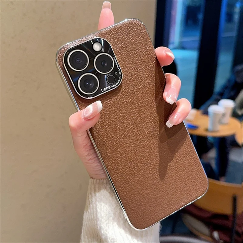 For iPhone 16 Pro Case Electroplating Edge Litchi Texture Leather + PC Phone Cover - Dark Coffee