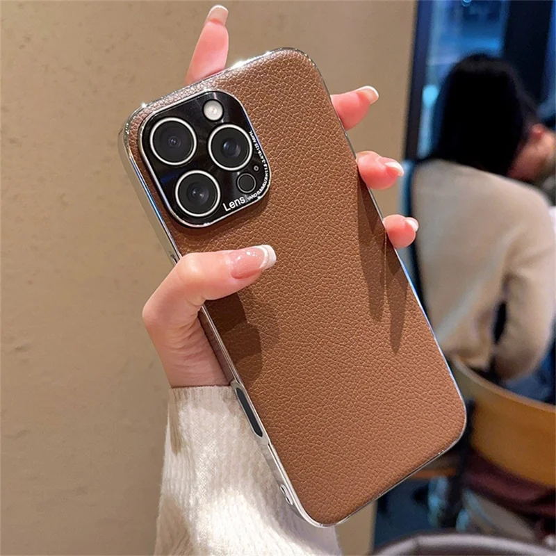 For iPhone 16 Pro Case Electroplating Edge Litchi Texture Leather + PC Phone Cover - Dark Coffee