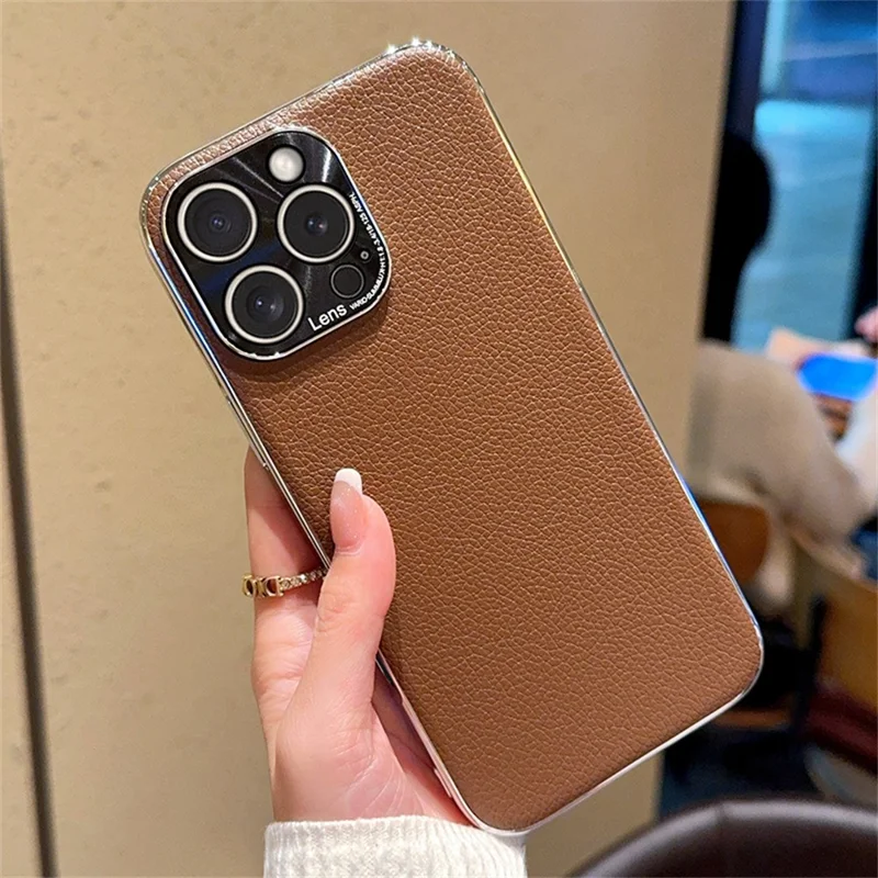 For iPhone 16 Pro Case Electroplating Edge Litchi Texture Leather + PC Phone Cover - Dark Coffee