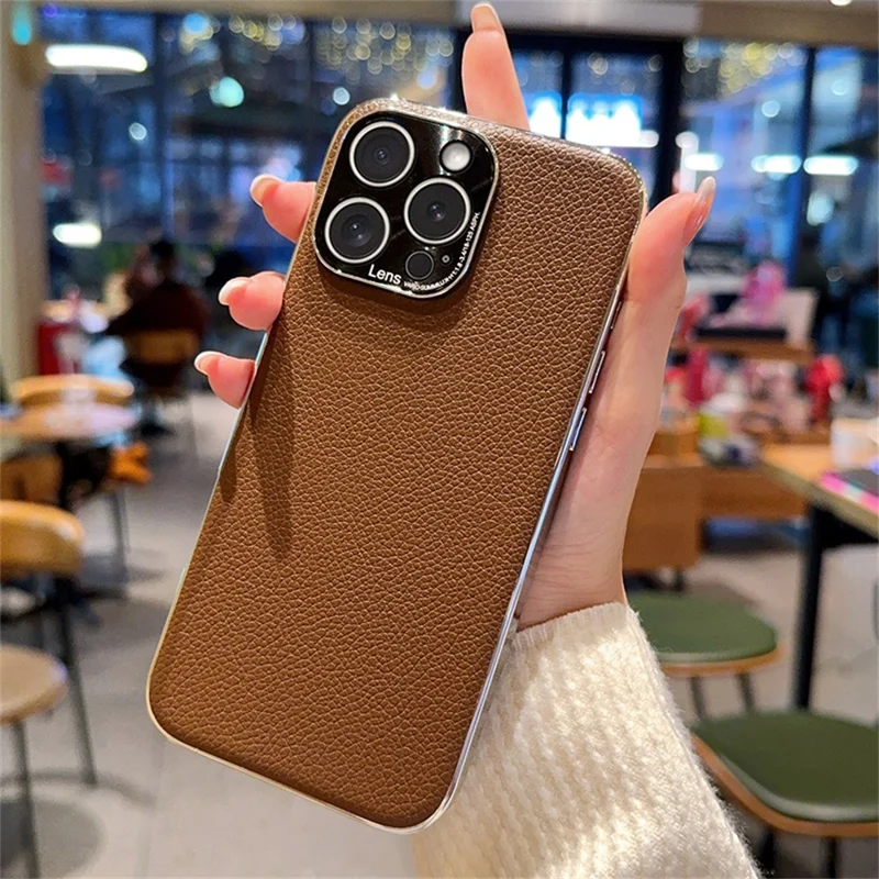 For iPhone 16 Pro Case Electroplating Edge Litchi Texture Leather + PC Phone Cover - Dark Coffee