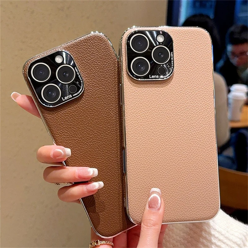 For iPhone 16 Pro Case Electroplating Edge Litchi Texture Leather + PC Phone Cover - Dark Coffee