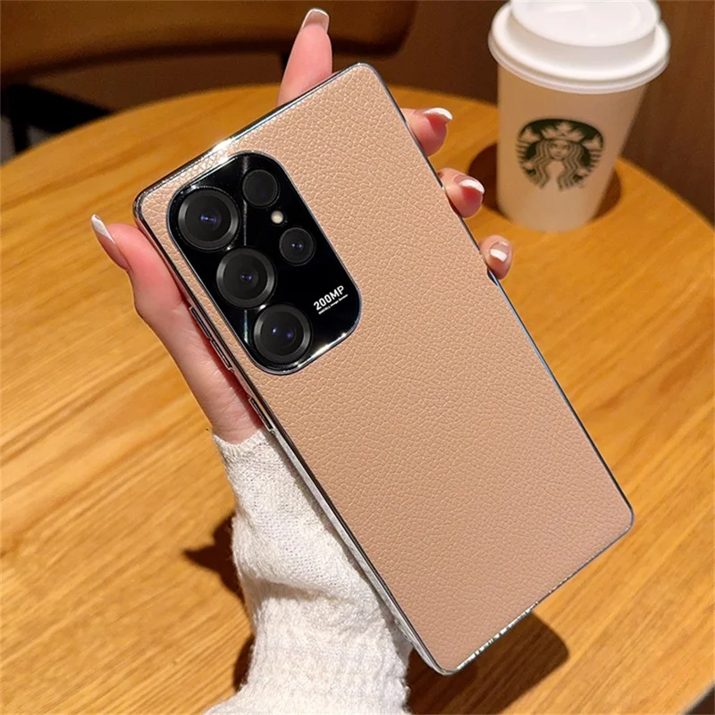 For Samsung Galaxy S25 Ultra Case Electroplating Edge Litchi Texture Leather + PC Phone Cover - Pink Coffee