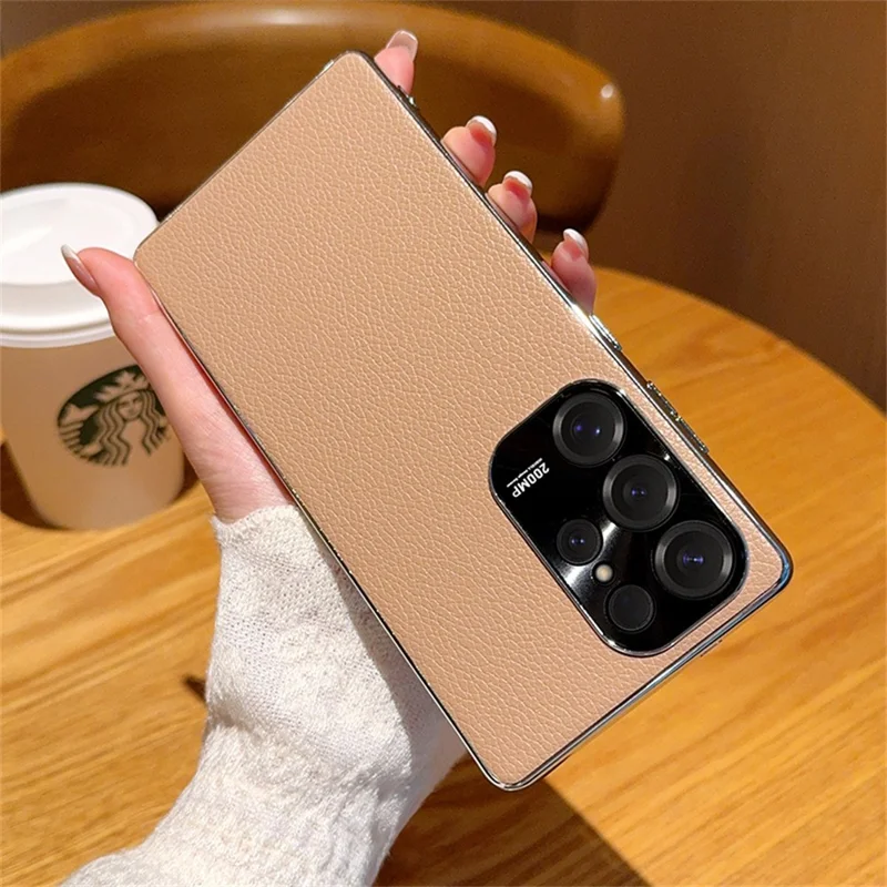 For Samsung Galaxy S25 Ultra Case Electroplating Edge Litchi Texture Leather + PC Phone Cover - Pink Coffee