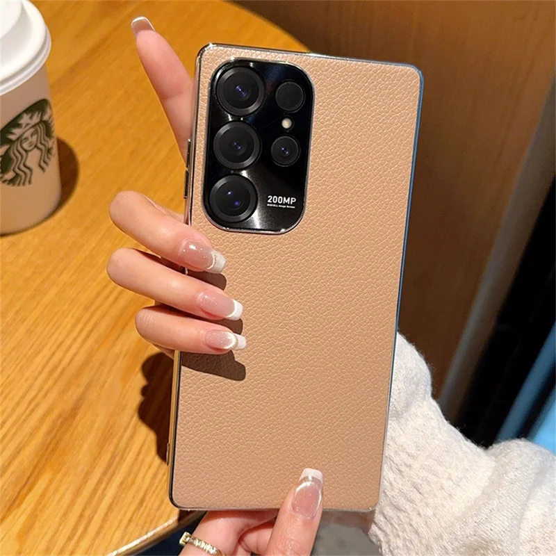 For Samsung Galaxy S25 Ultra Case Electroplating Edge Litchi Texture Leather + PC Phone Cover - Pink Coffee