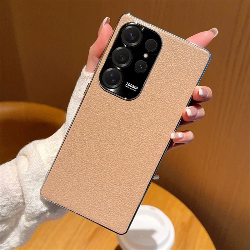 For Samsung Galaxy S25 Ultra Case Electroplating Edge Litchi Texture Leather + PC Phone Cover - Pink Coffee