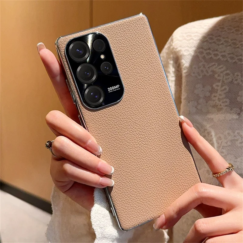 For Samsung Galaxy S25 Ultra Case Electroplating Edge Litchi Texture Leather + PC Phone Cover - Pink Coffee